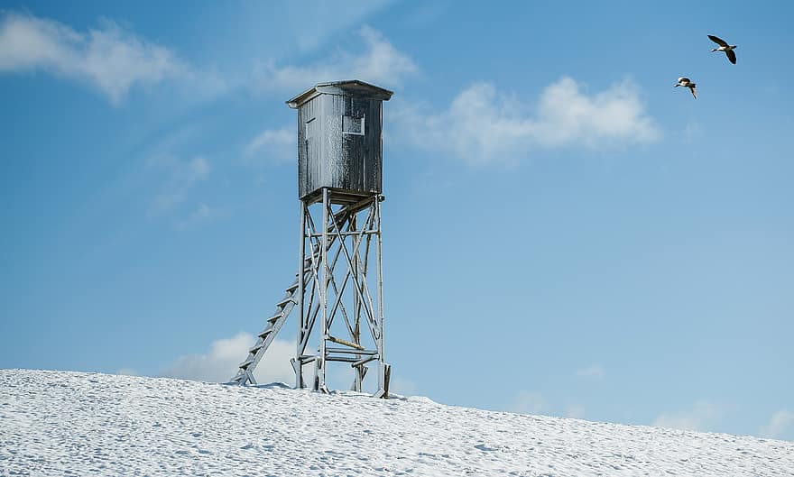 кула, сняг, зима, Ловна кула, място за ловци, небе, облаци, птици, снежно, пейзаж