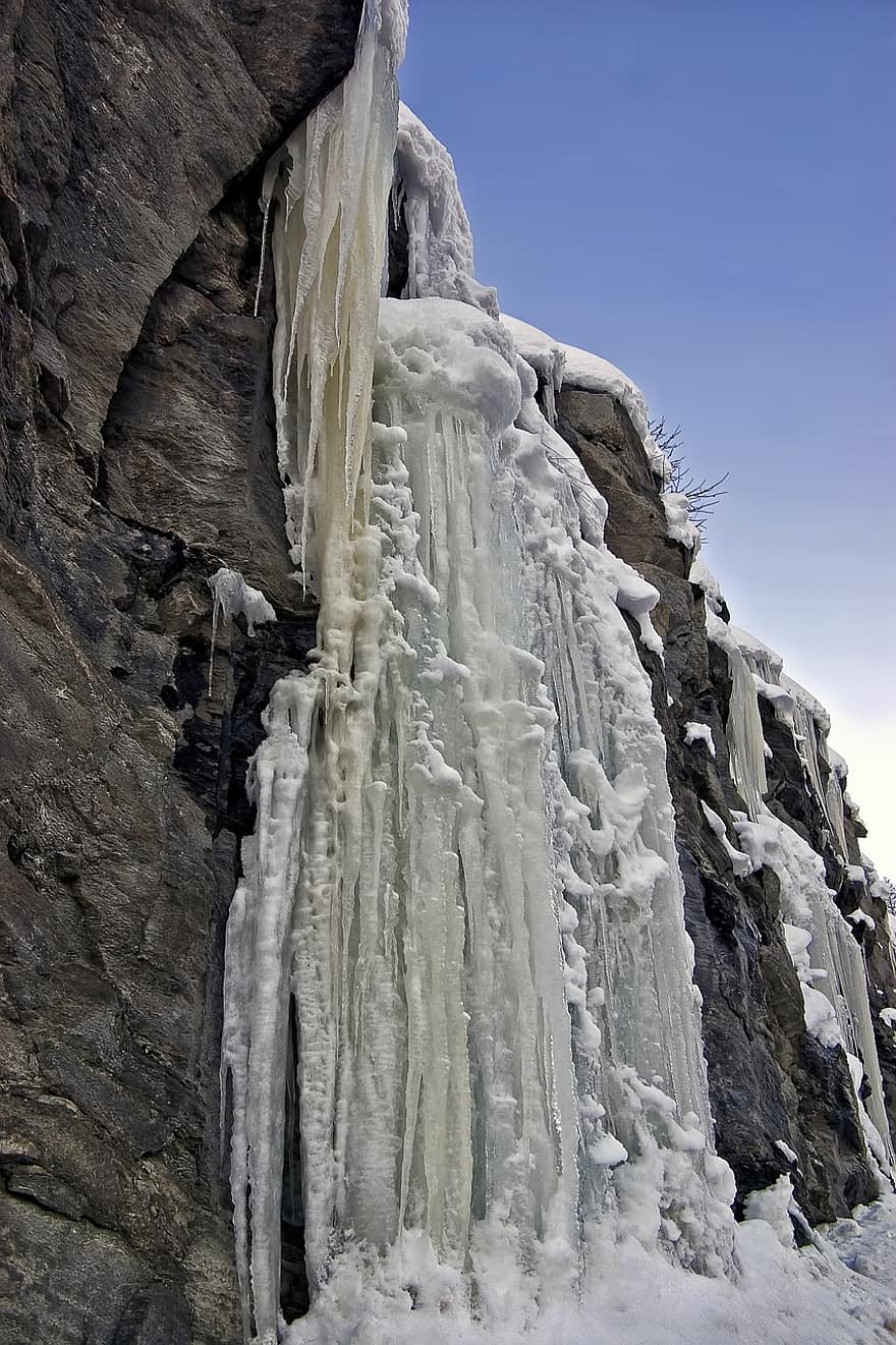 планина, замръзнал водопад, зима, лед, да вали сняг, замръзнал, природа, сняг, скална стена, вертикален