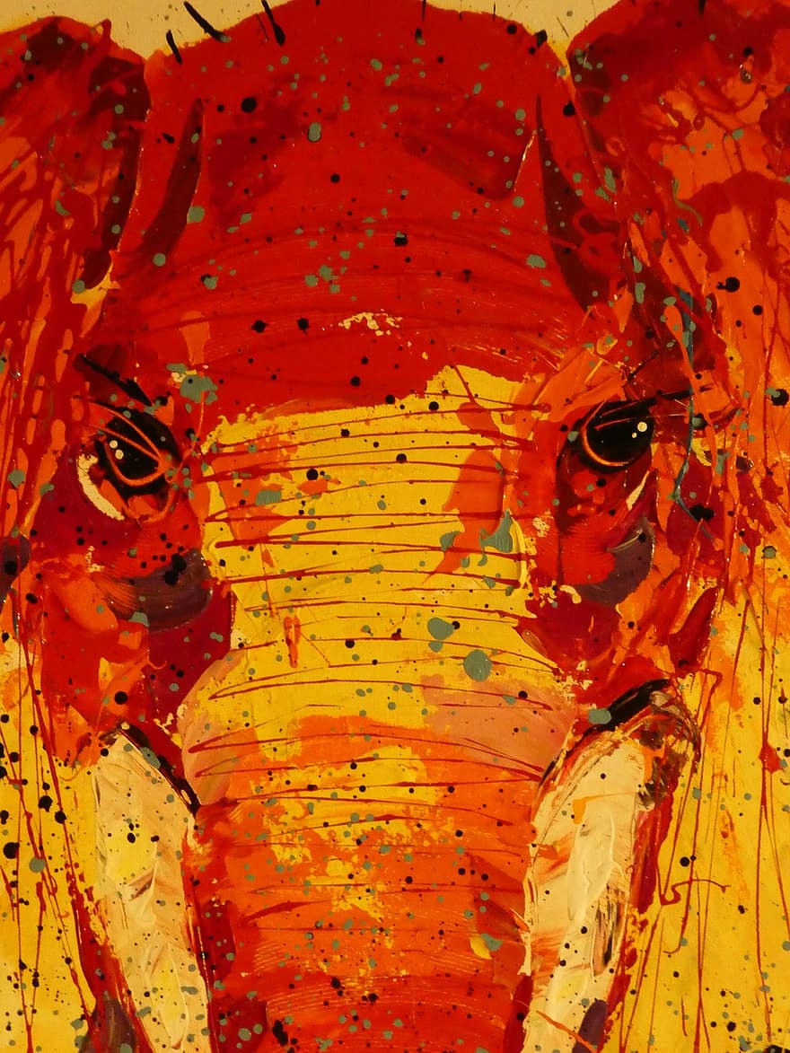 röd, gul, elefant, Huvudet målat, målning
