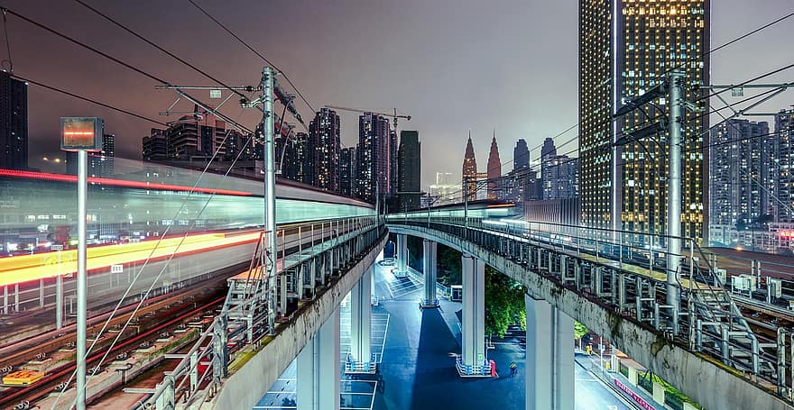 Chongqing, monorail, ciutat, Xina, nit, tarda, arquitectura, paisatge urbà, vida de ciutat, trànsit, gratacels