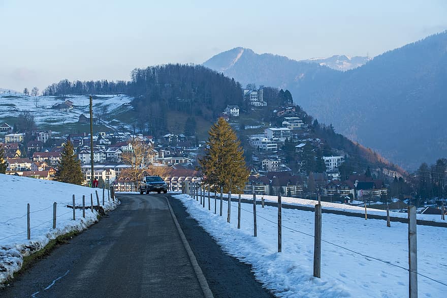 hiver, Suisse, route, paysage, Morschach, neige, Montagne, voiture, Voyage, saison, la glace