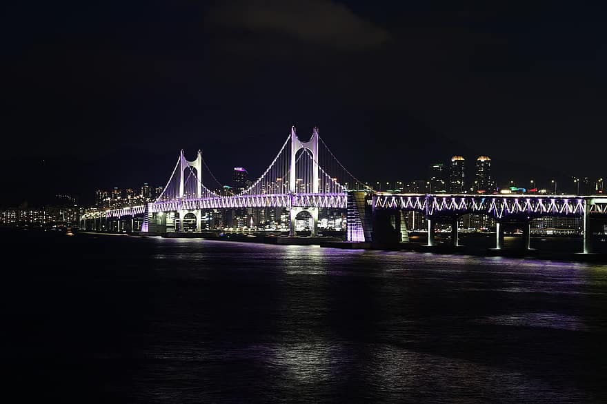 мост Гуанган, Бусан, нощ, океан, град, светлини, мост, Южна Кореа, Република Корея, вечер, известното място