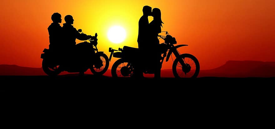 saulrieta, motociklu, pāris, romantisks, siluets, transportu, ceļot, debesis, vasarā, krēslas, transportlīdzekli