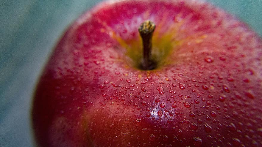 яблуко, фрукти, крапельки роси, роса, червоний, Органічний стиглий, свіжий, виробляти, здоровий, їжа, впритул