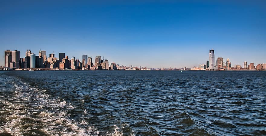 Ņujorka, debesskrāpji, manhattan, Ņujorkas līcis, horizonts, debesskrāpis, pilsētas ainava, pilsētas panorāma, arhitektūra, ēkas ārpuse, ūdens