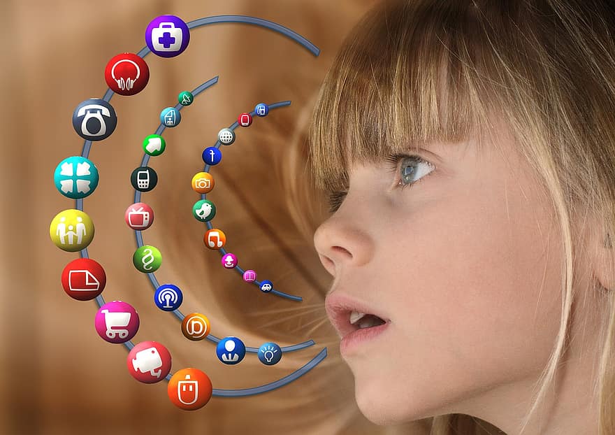gadis, anak, menghadapi, kepala, jaringan, Internet, sosial, jaringan sosial, logo, facebook, google