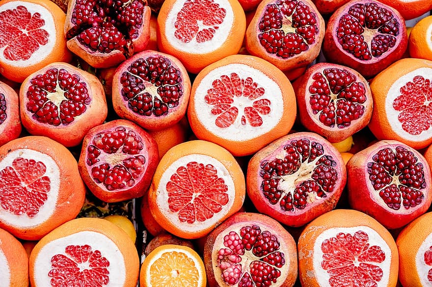frugter, citrus, organisk, sund og rask, vitamin c, grapefrugt, granatæble, orange, frisk, tropisk, baggrund