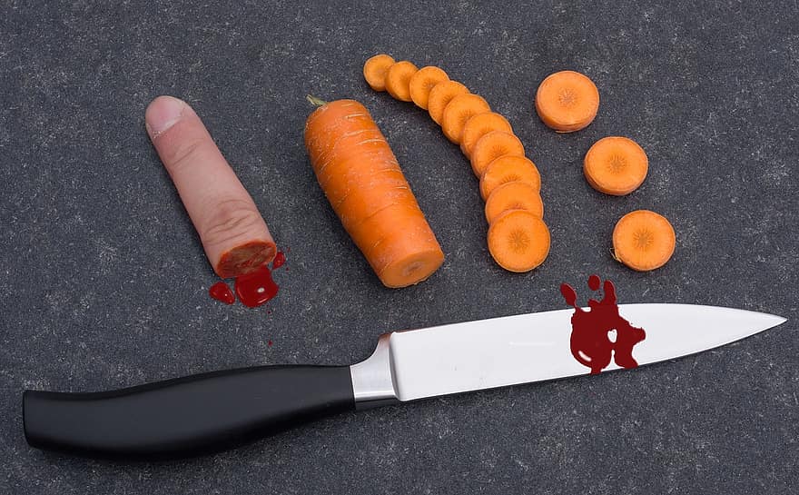 ouch, nóż, ostry nóż, ciąć, nóż kuchenny, niebezpieczny, krew, palec, odciąć
