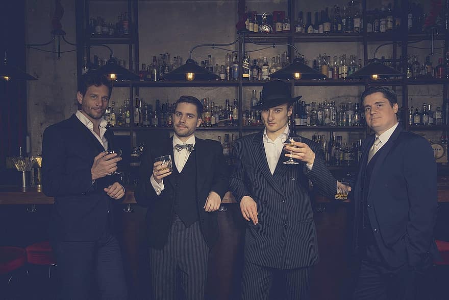 panowie, bar, moda, mężczyźni, Moda lat 20., Przystojni mężczyźni, portret, dorosły, alkohol, biznesmen, noc