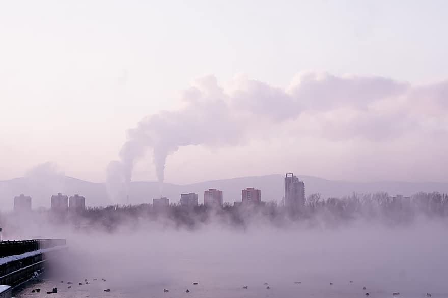 morgen, by, tåget landskab, røg, økologi, yenisei -floden, Krasnoyarsk, sibirien, tåge, fysisk struktur, forurening