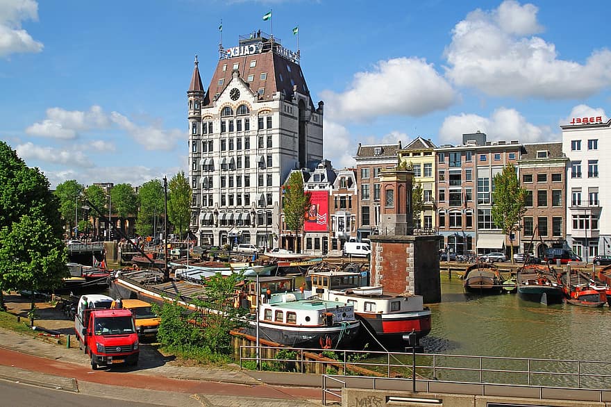 ロッテルダム、川、ボート、家、建物、シティ、都市