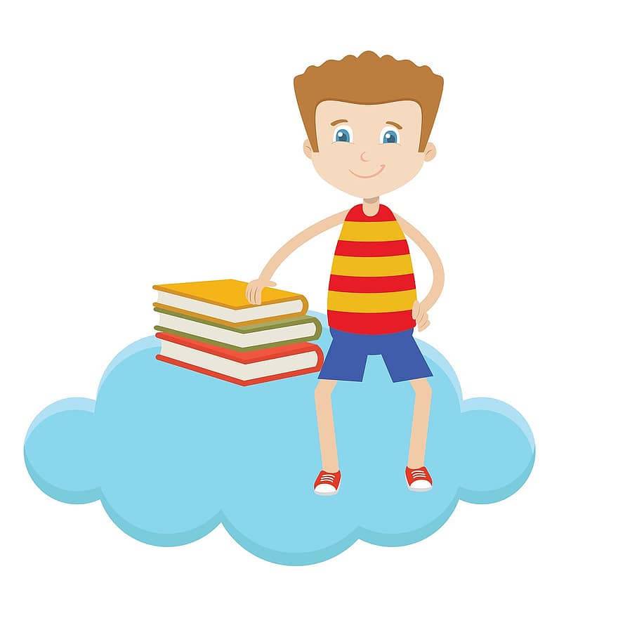 oğlan, bulut, okumak, kitap, okuyucular, çocuklar, küçük resim, clipart, sevimli, dizayn, grafik