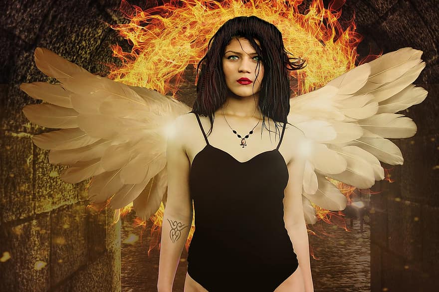 gotiska, fantasi, fantasi tjej, Fantasy modell, ängel, Ängel av Venganze, kvinna, vingar, brand, ring av eld, brun eld