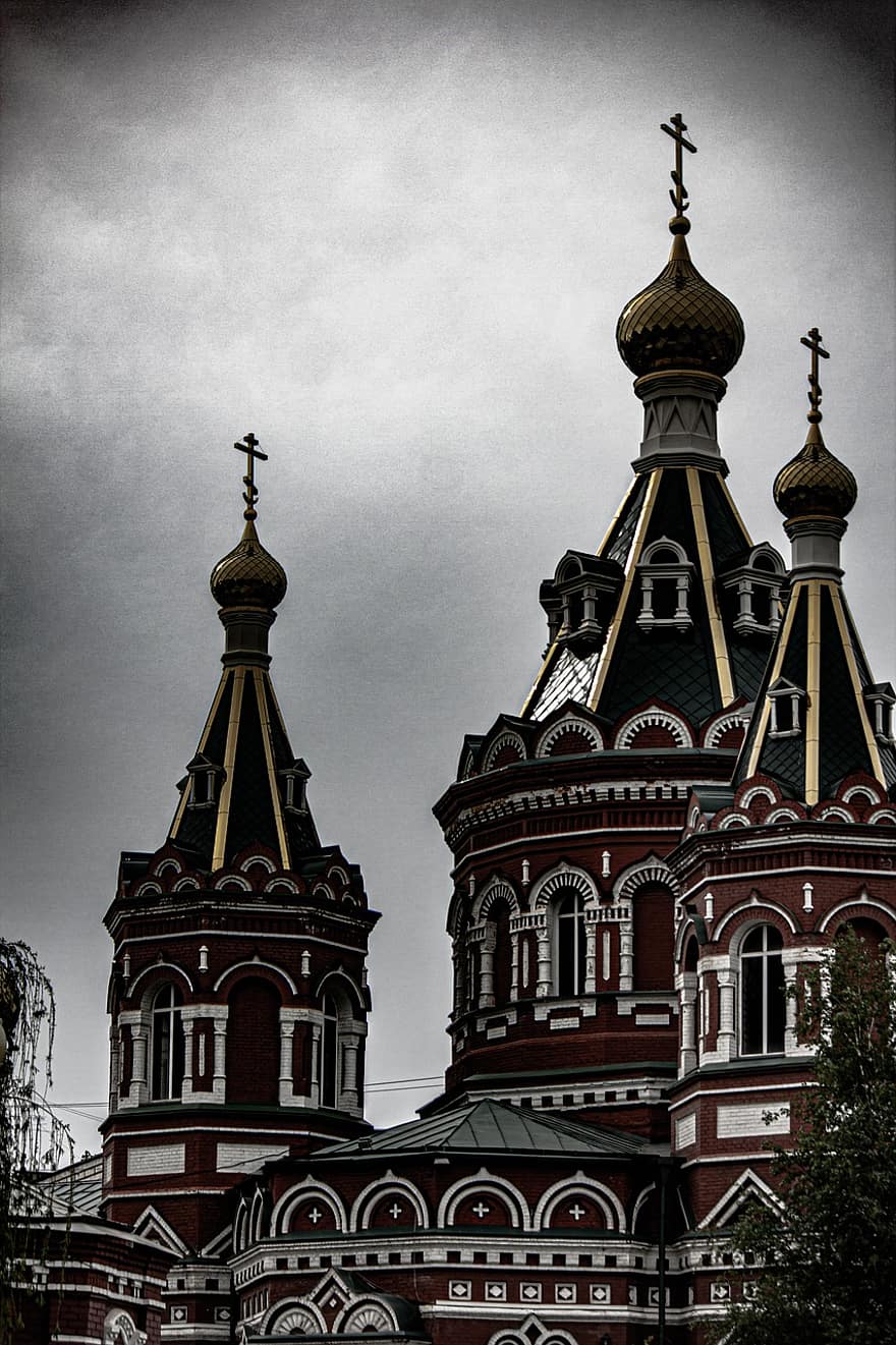 ortodox kyrka, Ortodox Kyrka I Mörka Färger, Mörkt tempel, den ortodoxa kyrkan, gammalt foto, mörka färger, Kazan katedral Volgograd, kristendom, arkitektur, religion, korsa