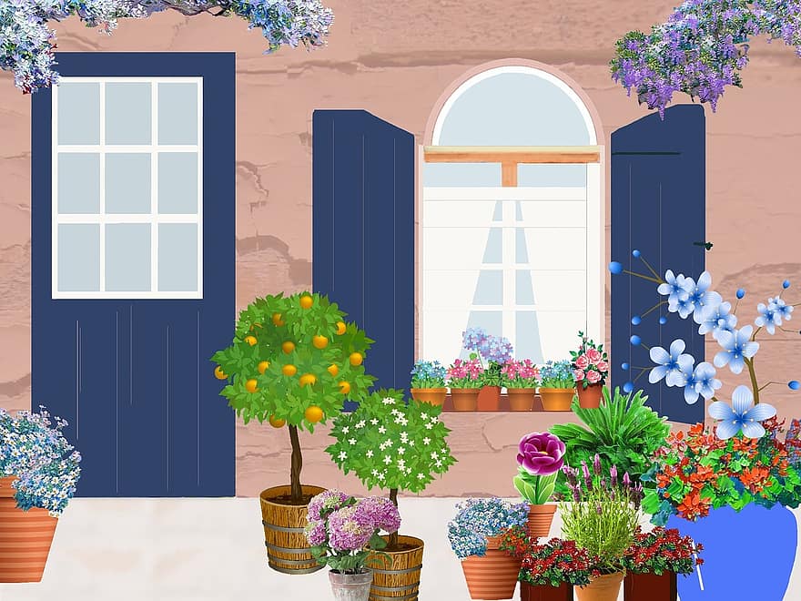 jardim, casa, porta, flores, janelas