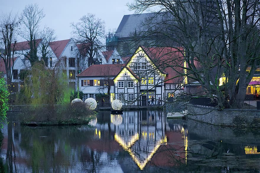 Soest, északi rhine-westphalia, Németország, természet, tó, építészet, víz, éjszaka, visszaverődés, szürkület, épület külső