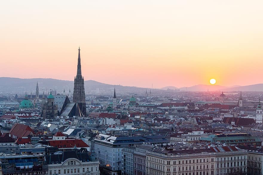 Austria, Wiedeń, stephansdom, katedra, kościół, architektura, Miasto, pejzaż miejski, sylwetka na tle nieba, wieża, widok