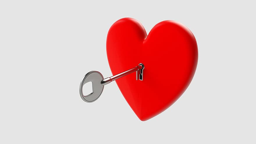 ключ, сърце, обичам, символ, Свети Валентин, романтичен, ключалка, червен, форма, дизайн, отворен