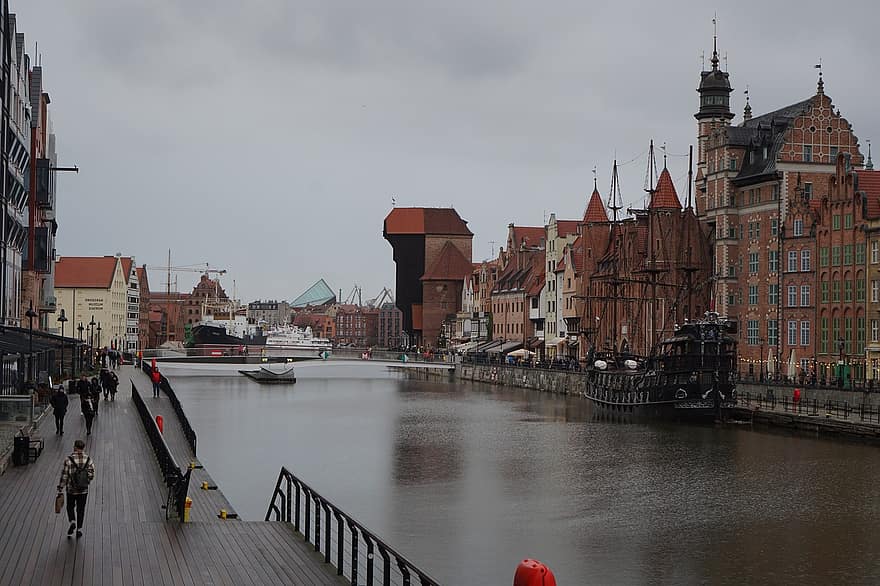 vecpilsēta, upe, ēkām, arhitektūra, gdaņska, Polija, vēsturiska, promenāde, ūdens, pilsēta, slavenā vieta