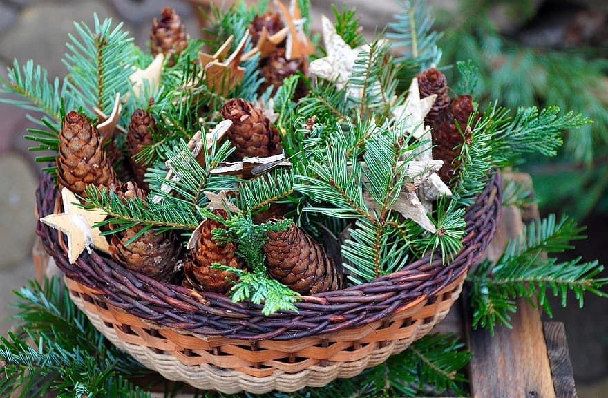 Pine Cones, Basket, Christmas, Stars, Pine Needles, Conifer, Advent, Decoration, Decor, Christmas Decoration, Christmas Decor