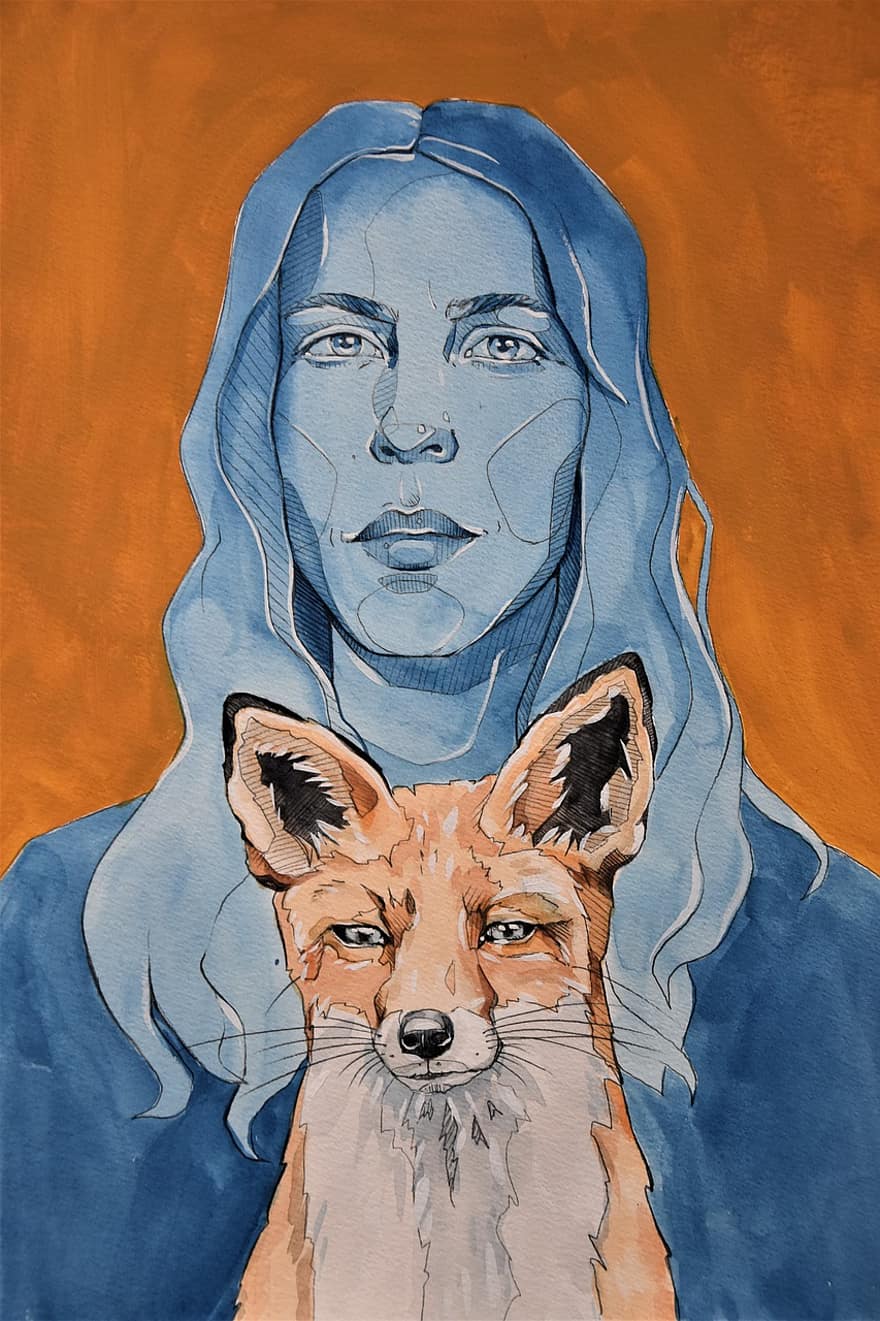Portrait, Painting, Art, Fox, Woman, The Painted