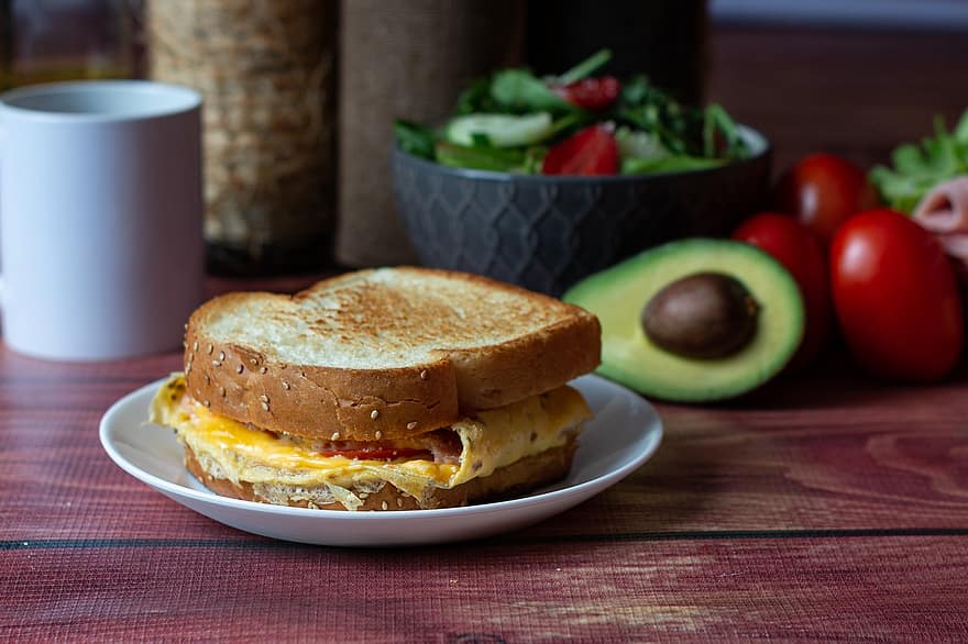 Sandwich, Sandwich de huevo, desayuno, desayuno saludable, ensalada, vegetales, comida, frescura, un pan, plato, almuerzo