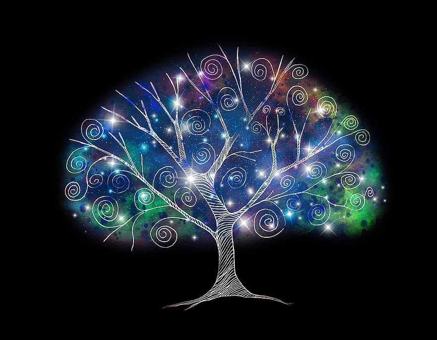 albero, albero magico, pianta, corona, tronco, spazio, fantasia, silhouette, riccioli, Magia, notte