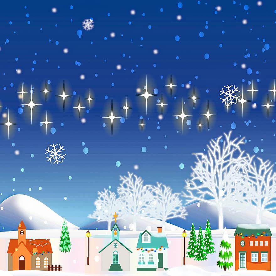 copos de nieve, paisaje nevado, reno, noche, adviento, congelado, árbol, naturaleza, Navidad, blanco, diciembre