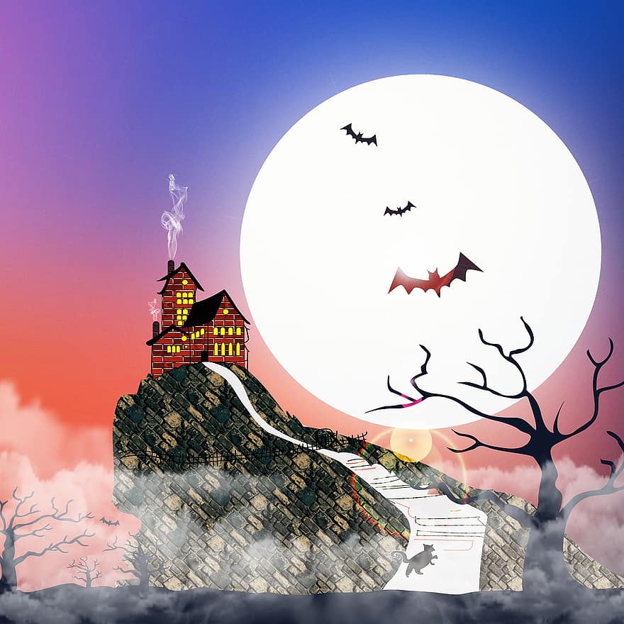 hjemsøgt hus, flagermus, kat, træer, måne, halloween, skræmmende, uhyggelig, nat, hjemsøgt, farverig