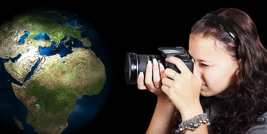 fotograf, kvinne, pike, kloden, jord, verden, Afrika, Europa, kontinenter, nyheter, fotografi