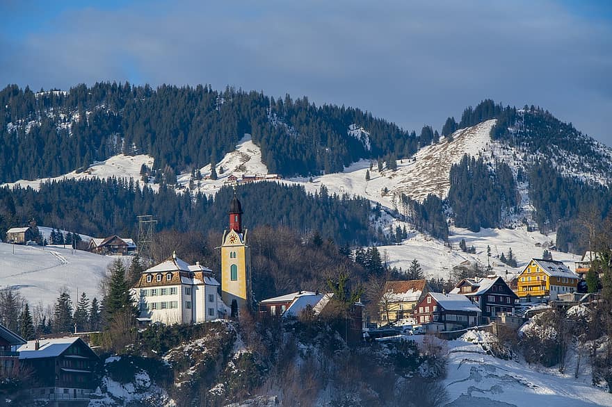 겨울, 도시, 스위스, 눈, 산, 주택들, 교회에, 경치, 눈이 내리는, 숲, 시즌