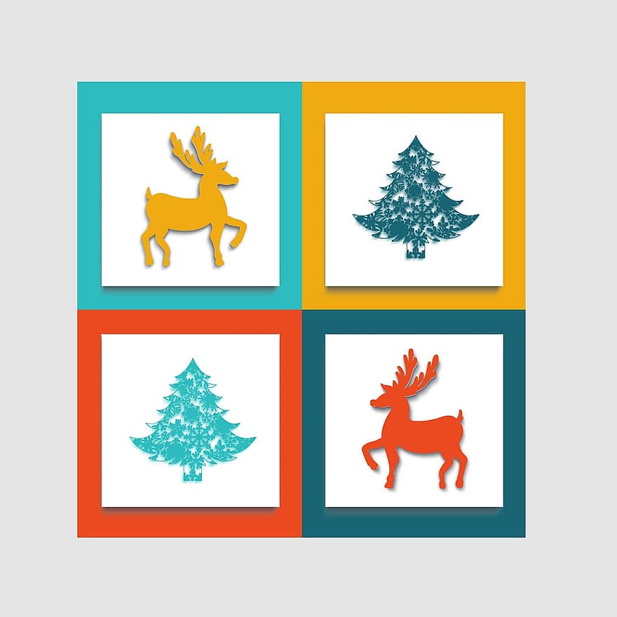 gambar, pohon cemara, hari Natal, rusa kutub, kotak, struktur, warna, modern, ikon, simbol, konsep