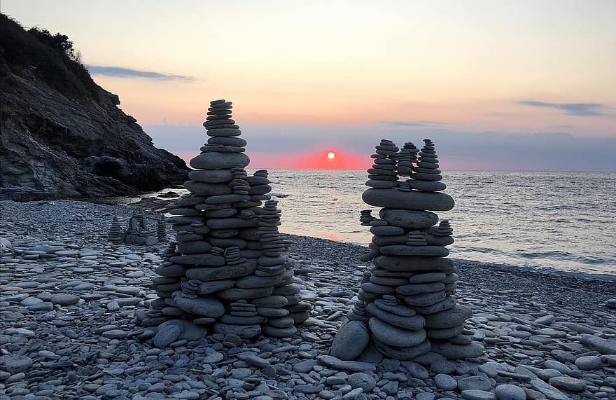 Grécia, pilha de pedra, mar, meditação, pedra, pilha, Rocha, equilibrar, seixo, por do sol, monte