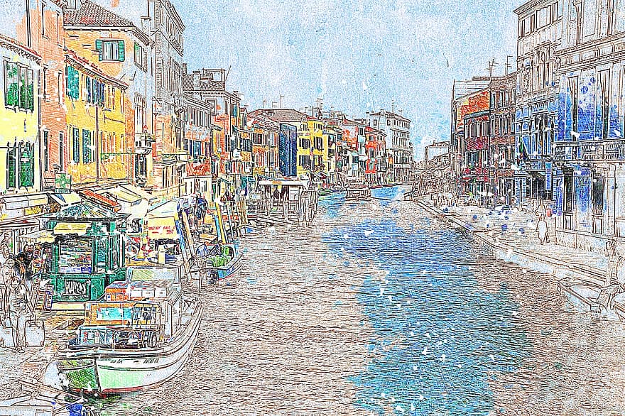 Venedig, båtar, kanal, konst, vattenfärg, natur, flod, årgång, färgrik, konstnärlig, hav