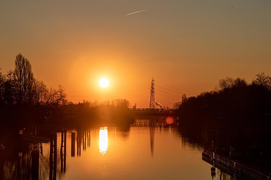 zonsondergang, Rijn-Herne-kanaal, waterweg, Verzendroute:, ruhr gebied, kanaal, Duitsland, schemer, zon, zonsopkomst, dageraad