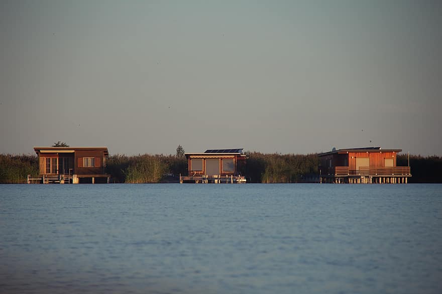 casas, lago, banco, reflexión, Austria, Burgenland, agua, naturaleza, nubes, Dom, junto al lago