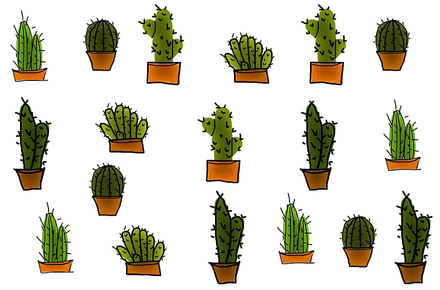 cactussen, planten, achtergrond, plantenpotten, stekels, stekelig, potplanten, decoratie, tekening, schilderij, patroon