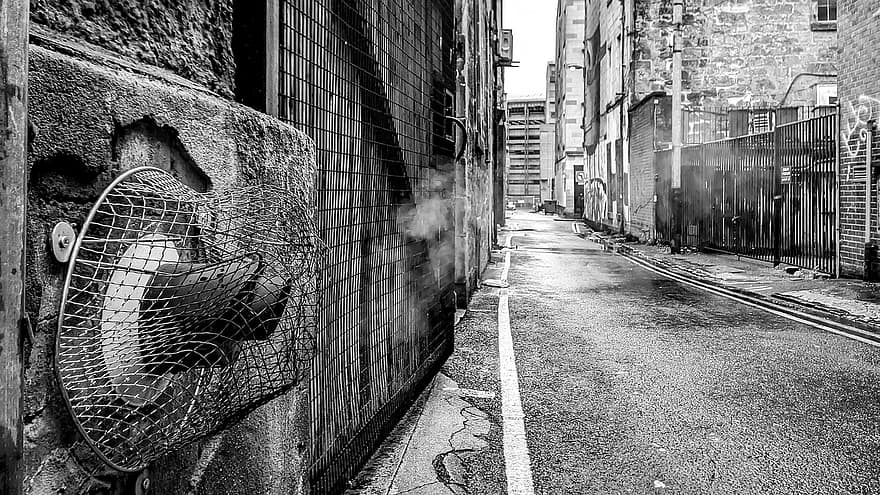 Alley, Backstreet, City, Urban, Street, architecture, old, black and white, building exterior, dirty, built structure