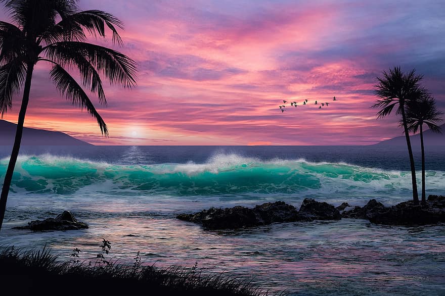 ocean, solnedgang, ø, tropisk, hav, bølger, vand, natur, landskab, marinemaleri, kysten
