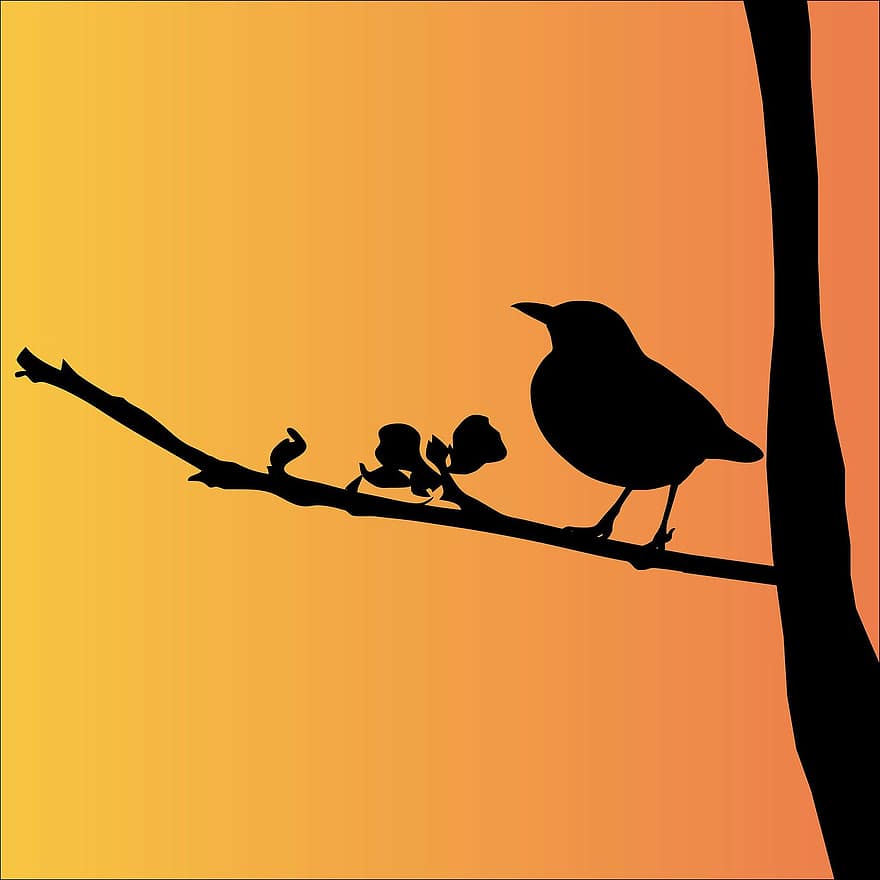 Blackbird, Bird, Animal, Black, Silhouette, Tree, Branch, Art, Icon, Symbol, Beautiful