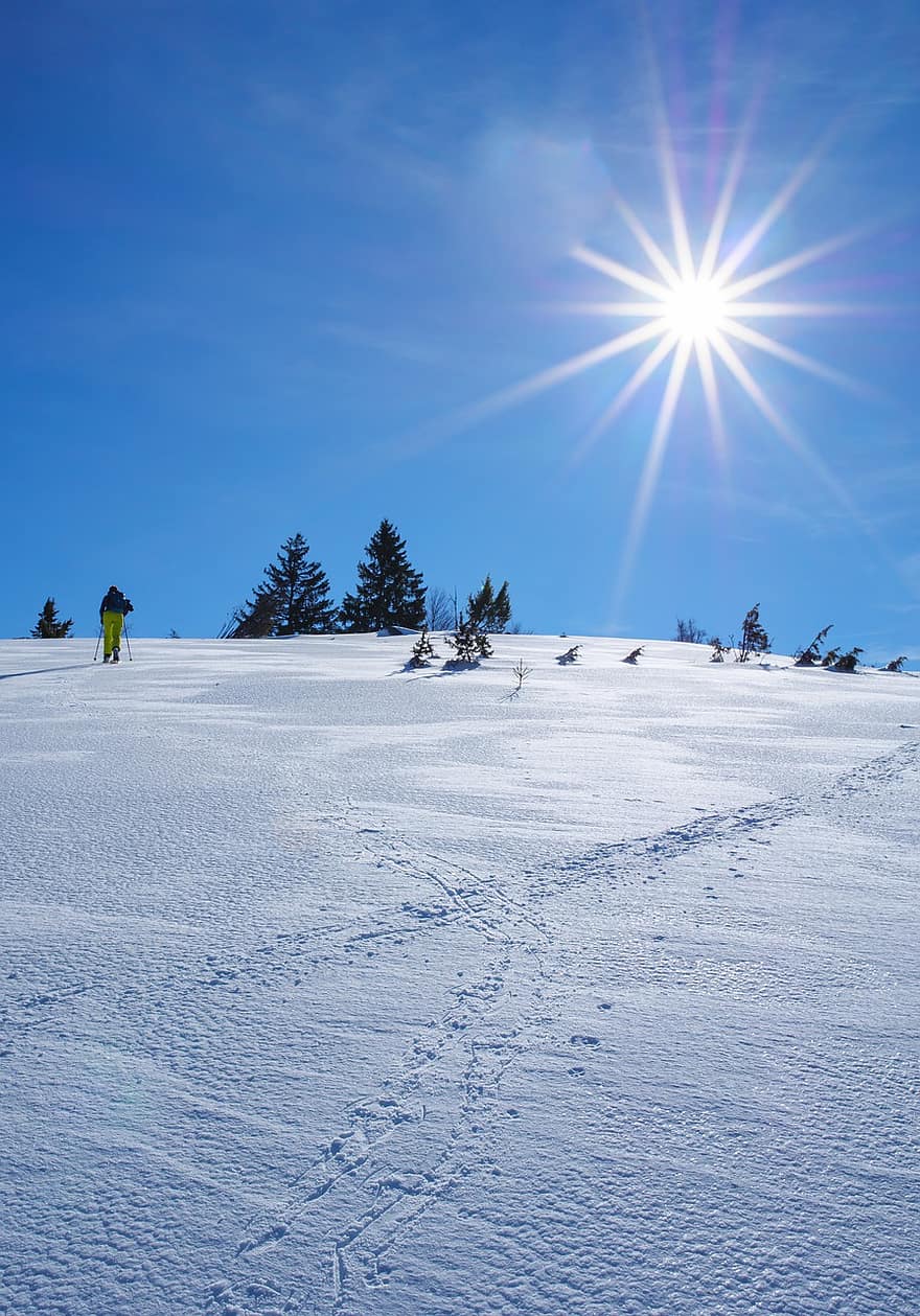 mùa đông, Thiên nhiên, Mùa, tuyết, ngoài trời, cây, trượt tuyết bằng giầy, núi, thể thao, thể thao mạo hiểm, màu xanh da trời