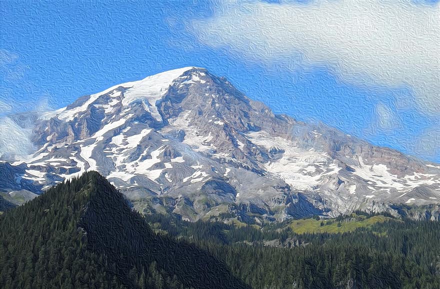 schilderij, berg-, top, bomen, reizen, Bos, sneeuw, gletsjer, landschap, mount regenachtiger, Washington