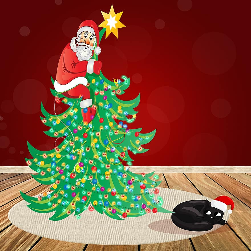 Kalėdų Senelis kabo ant eglutės, Išsigandęs Kalėdų Senelis, Kalėdų eglutė, Kalėdų katė, medis, kambarys, Kalėdos, žiemą, šventė, sniegas, šalta