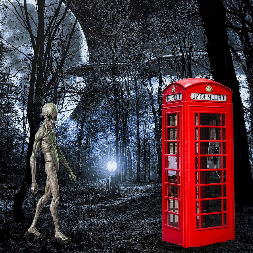 Phone Booth, Alien, Spaceship, Forest, Moon, Sci-fi, night, telephone booth, telephone, men, architecture