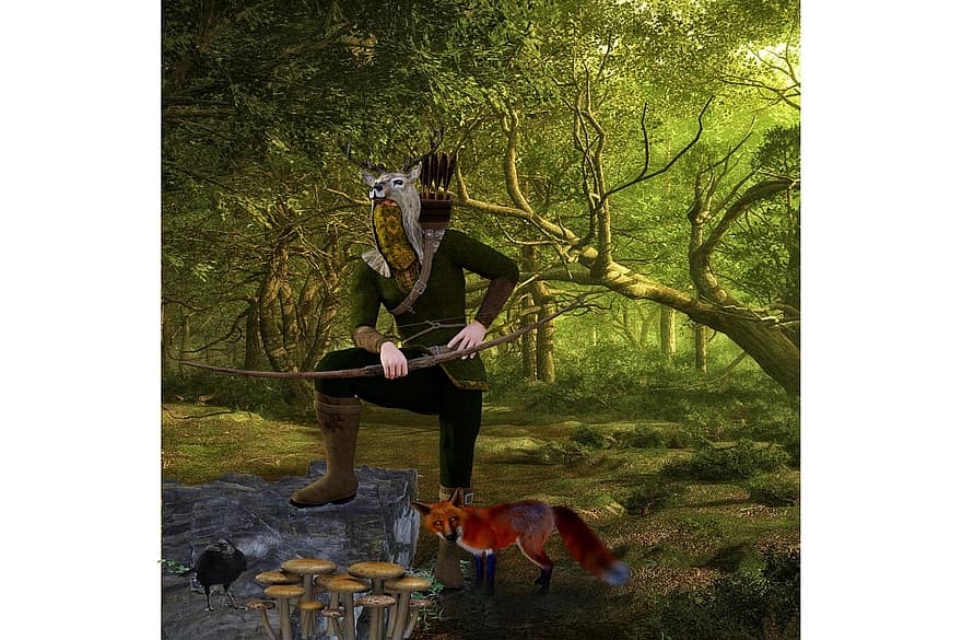 Hunter, Arch, Bow And Arrow, Fantasy, Isolated, Hunt, Leather, Antler, Roe Deer, Arrow, Feather