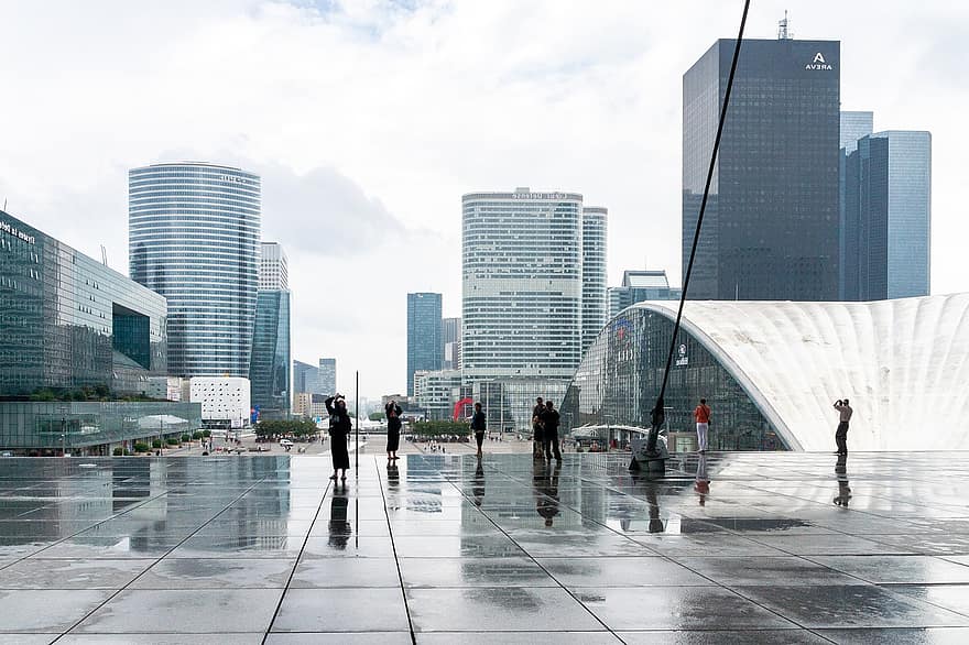 la défense, Paris, oraș, Franţa, ploaie, clădiri de birouri, zgârie-nori, orizont, arhitectură, modern, peisaj urban