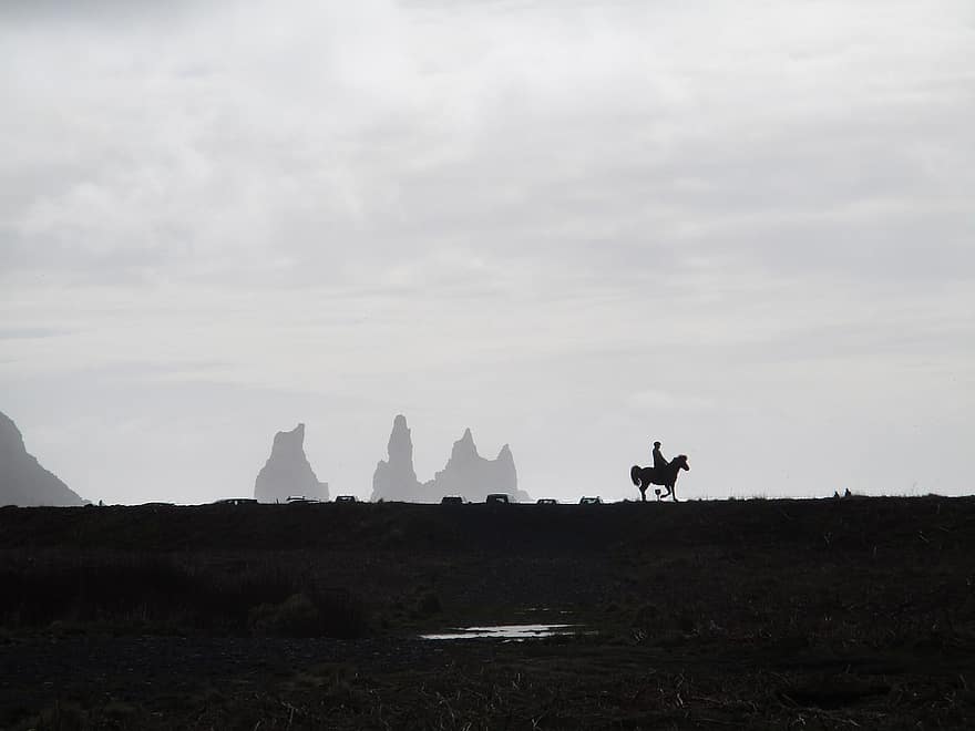 silhouette, cavallo, equestre, equino, cavalcata, cavallo a cavallo, paesaggio, Islanda, natura, cielo