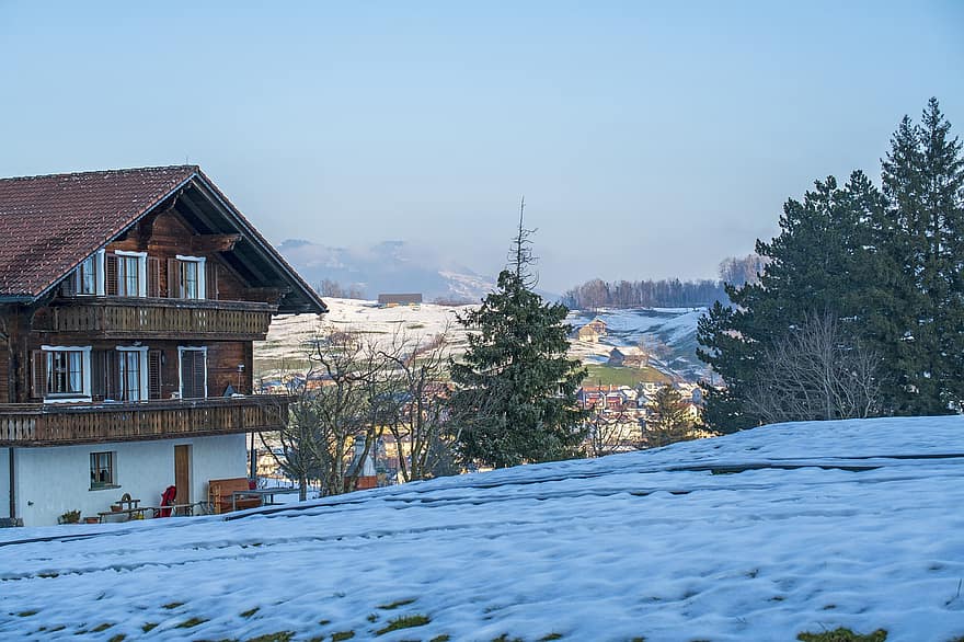 Šveicarija, žiemą, Miestas, sezoną, sniegas, kalnas, medis, miškas, kraštovaizdį, ledas, mėlyna