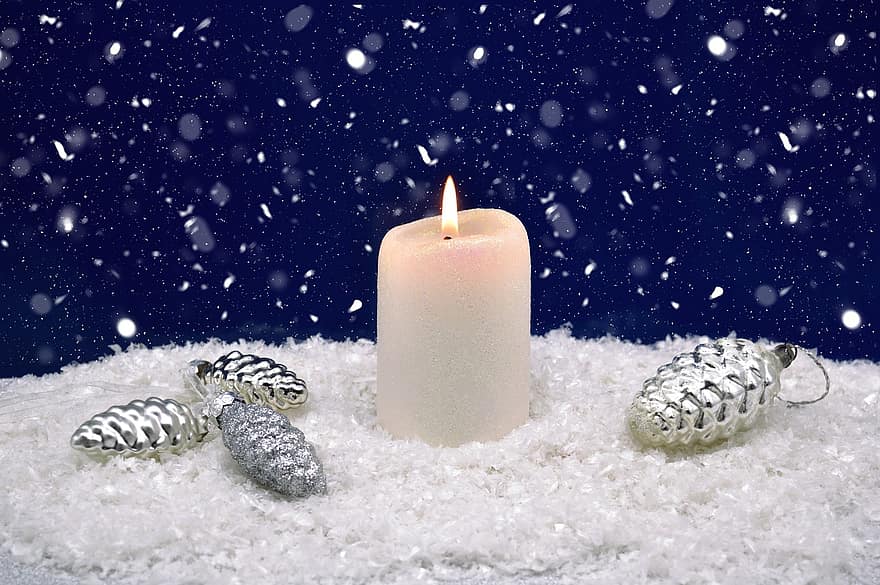 sniegas, žvakė, Ugnis, šviesa, Kalėdų papuošalai, pinecone, Kalėdos, atėjimas, Kalėdų motyvas, Advento laikas, žiemą