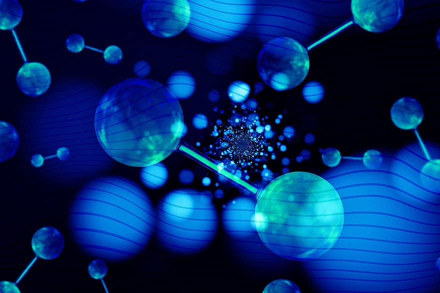 kémia, molekulák, hidrogén, Molekuláris hidrogén, részecskéket, gáz, elem, tudomány, atom, kék, absztrakt